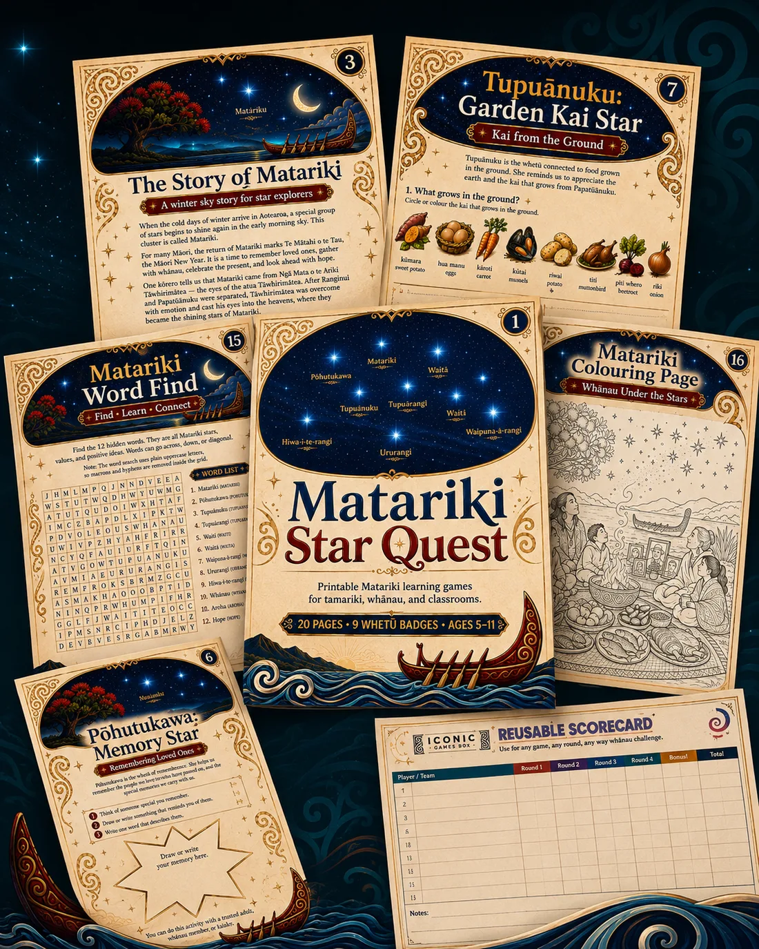 Printable Matariki learning activities from the Digital Library spread across a starry background